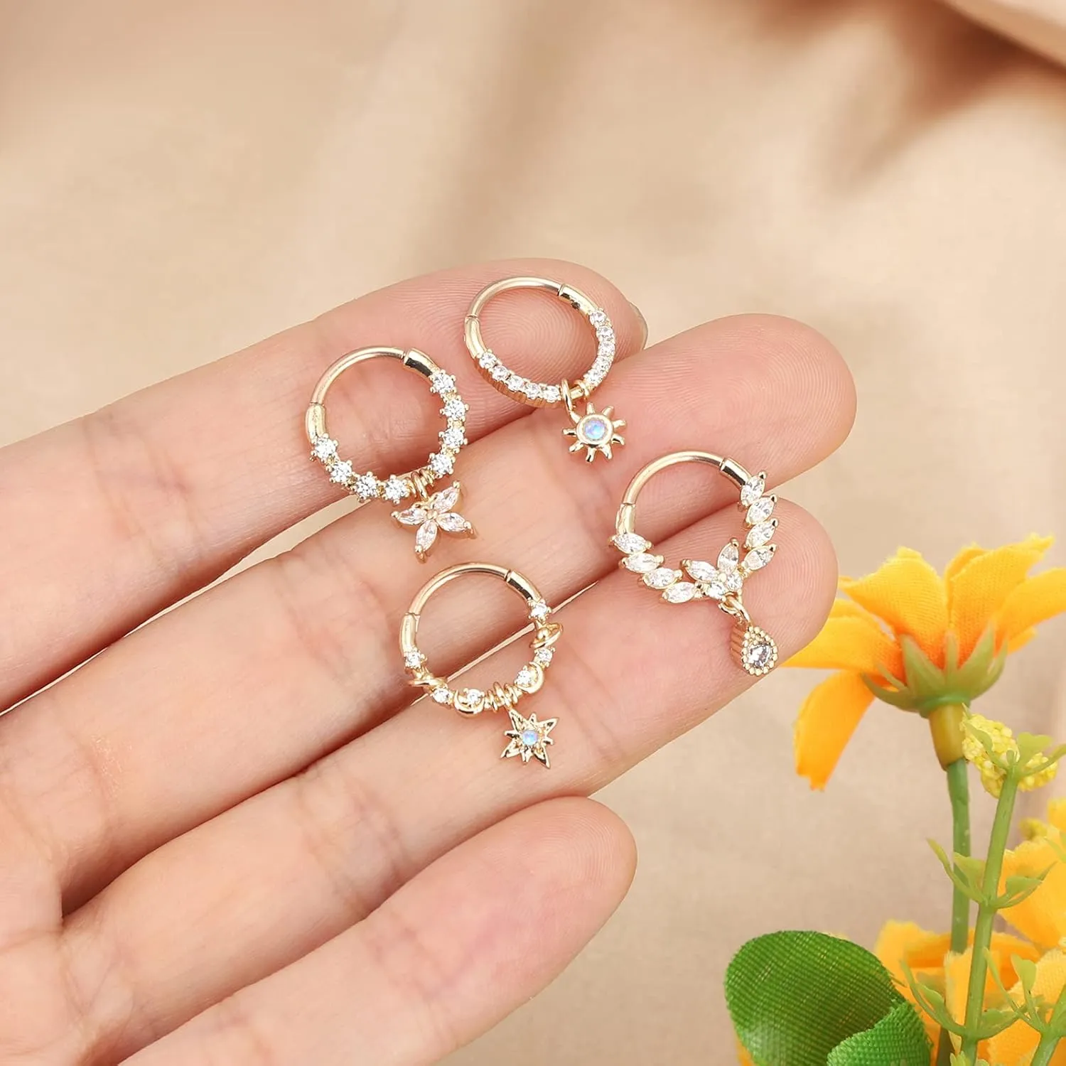 4Pcs 16G Septum Rings for Women Dangle Nose Rings Hoops Surgical Steel CZ Opal Sun Star Daith Earrings Cartilage Tragus Helix Piercing Jewelry