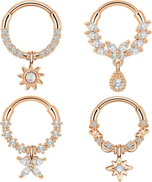 4Pcs 16G Septum Rings for Women Dangle Nose Rings Hoops Surgical Steel CZ Opal Sun Star Daith Earrings Cartilage Tragus Helix Piercing Jewelry