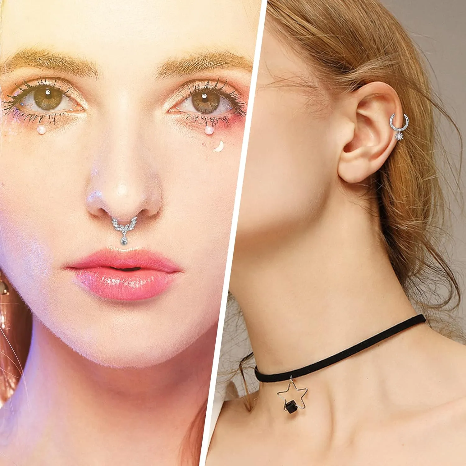 4Pcs 16G Septum Rings for Women Dangle Nose Rings Hoops Surgical Steel CZ Opal Sun Star Daith Earrings Cartilage Tragus Helix Piercing Jewelry