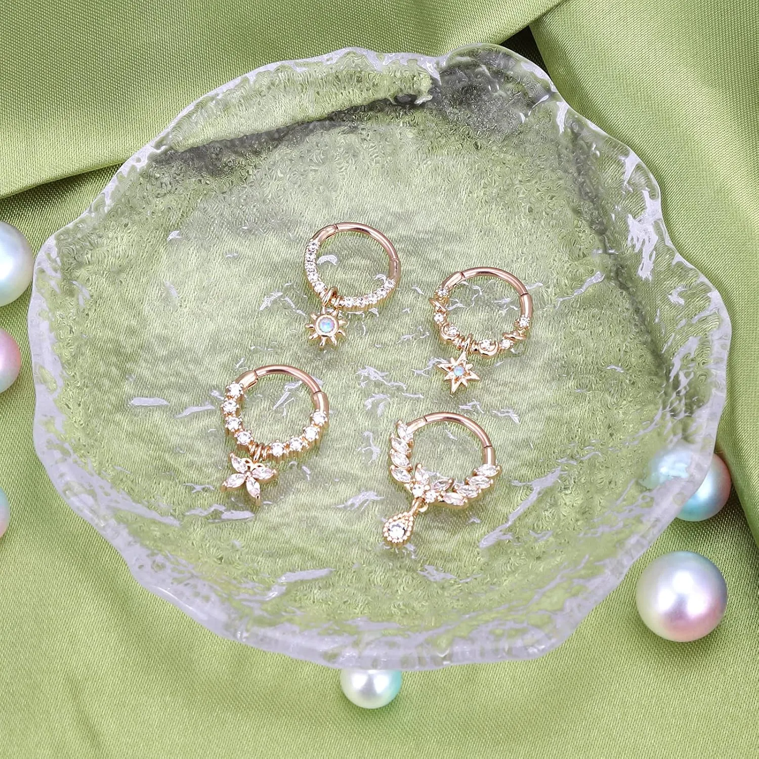 4Pcs 16G Septum Rings for Women Dangle Nose Rings Hoops Surgical Steel CZ Opal Sun Star Daith Earrings Cartilage Tragus Helix Piercing Jewelry