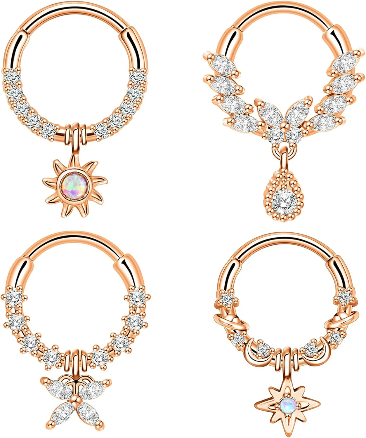 4Pcs 16G Septum Rings for Women Dangle Nose Rings Hoops Surgical Steel CZ Opal Sun Star Daith Earrings Cartilage Tragus Helix Piercing Jewelry
