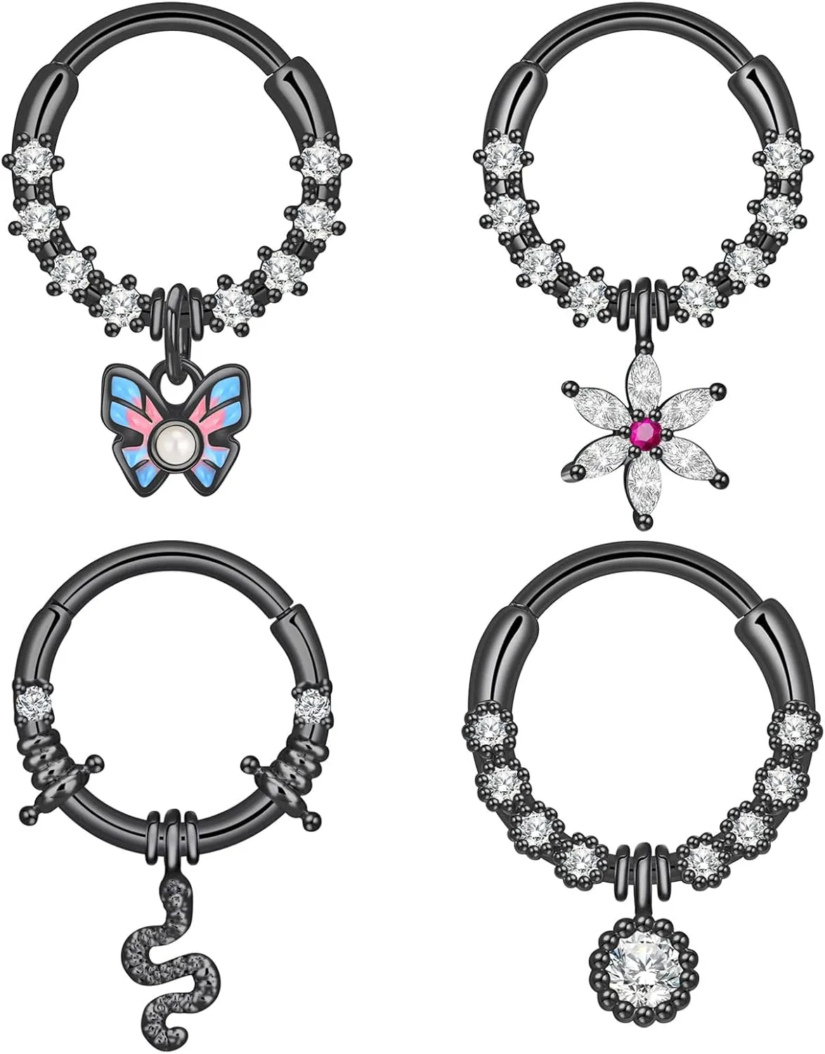 4Pcs 16G Septum Rings Stainless Steel Dangle Septum Jewelry Cute butterfly Snake Daith Cartilage Helix Tragus Earrings Nose Rings Piercing Jewelry for Women