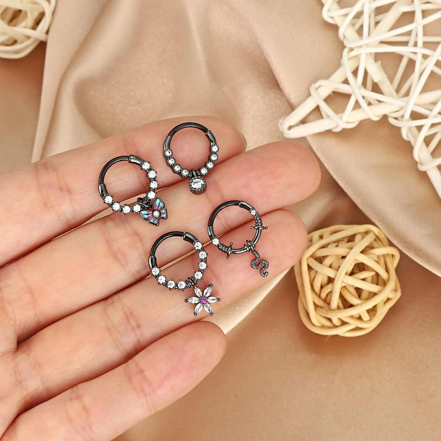 4Pcs 16G Septum Rings Stainless Steel Dangle Septum Jewelry Cute butterfly Snake Daith Cartilage Helix Tragus Earrings Nose Rings Piercing Jewelry for Women