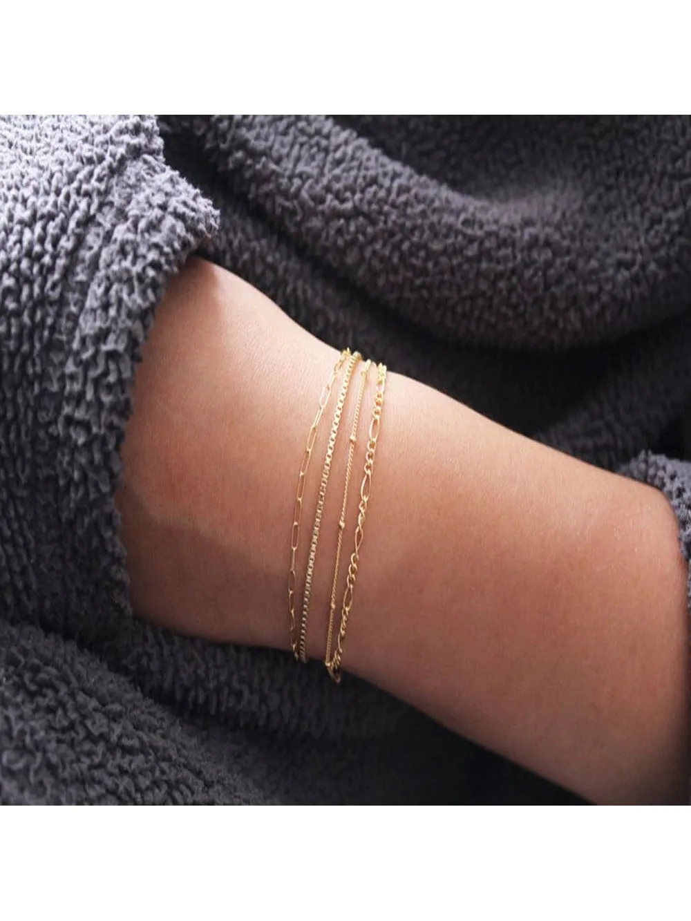 4pcs Simple Metal Alloy Beaded Chain Combination Bracelet Set