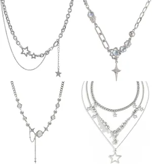 4PCS Y2k Double Layered Necklace Set,Silver Vintage Layered Necklaces for Women Y2k Necklace,Moonstone Punk Star Pendant Zircon Necklace Jewelry,Grunge Star Choker Aesthetic Jewelry Accessories
