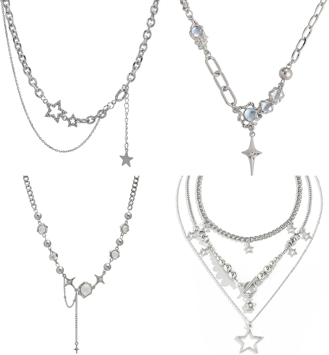 4PCS Y2k Double Layered Necklace Set,Silver Vintage Layered Necklaces for Women Y2k Necklace,Moonstone Punk Star Pendant Zircon Necklace Jewelry,Grunge Star Choker Aesthetic Jewelry Accessories