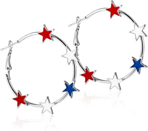4th of July Gifts Red White Blue Star Hoop Earrings for Women Independent Day Glitter Circle Dangle Earring American Flag Patriotic Earring Holiday Memorial Day Accessories