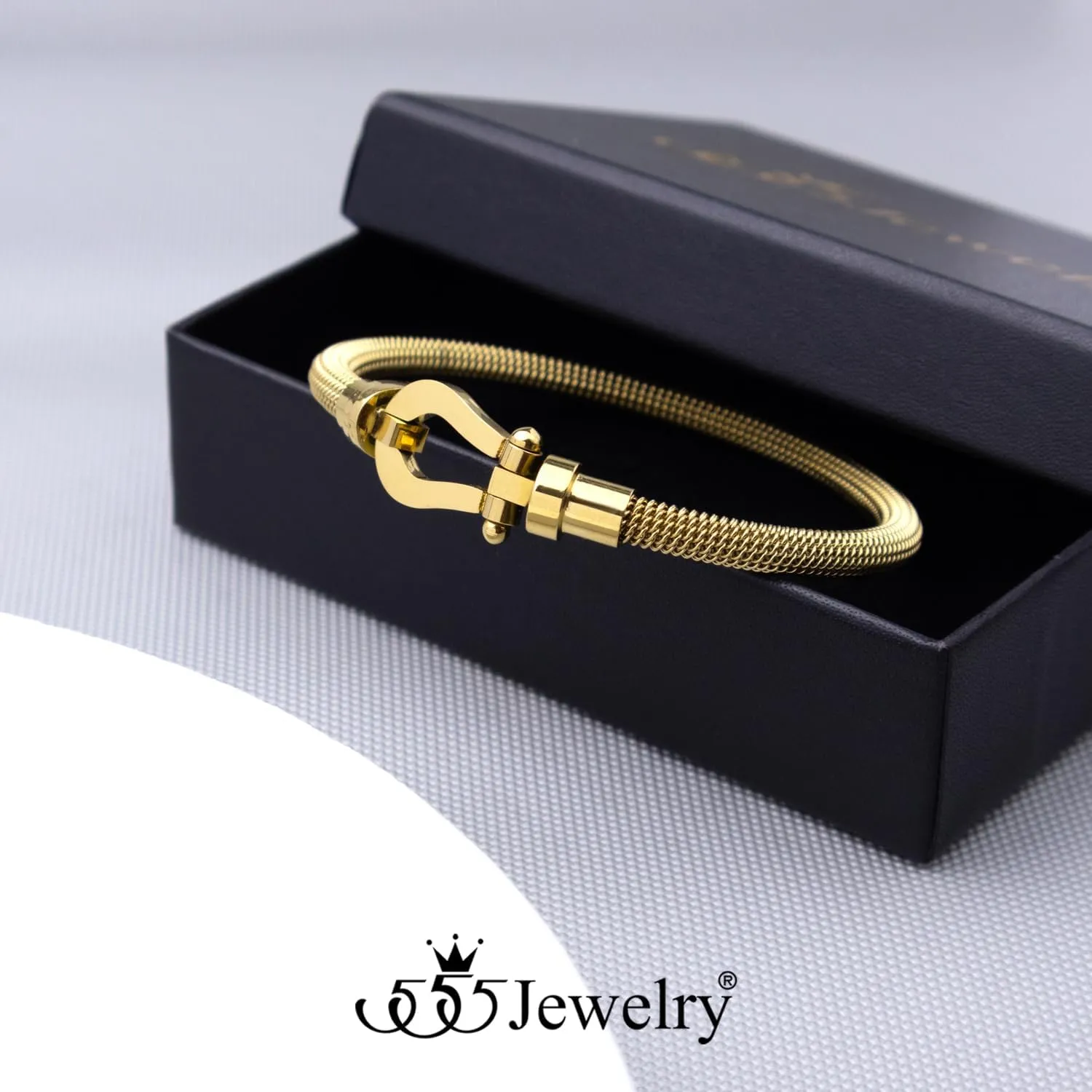 555Jewelry Stainless Steel Simple Horseshoe Bangle Bracelet for Women, Hypoallergenic U-Shaped Sideways Twisted Wire Bangle Bracelets for Men