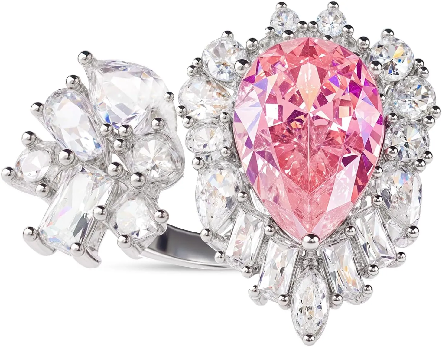 5A Cubic Zirconia Sparkling Pear-Shaped Statment Pink diamond Ring,Pink Bow Ring for Women
