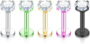 5pcs G23 Titanium Lip Labret Stud 16G Tragus Medusa Internally Threaded Tragus Helix Conch Cartilage Earrings Monroe Cubic Zirconia Piercing Jewelry Bar Length 6mm 8mm 10mm