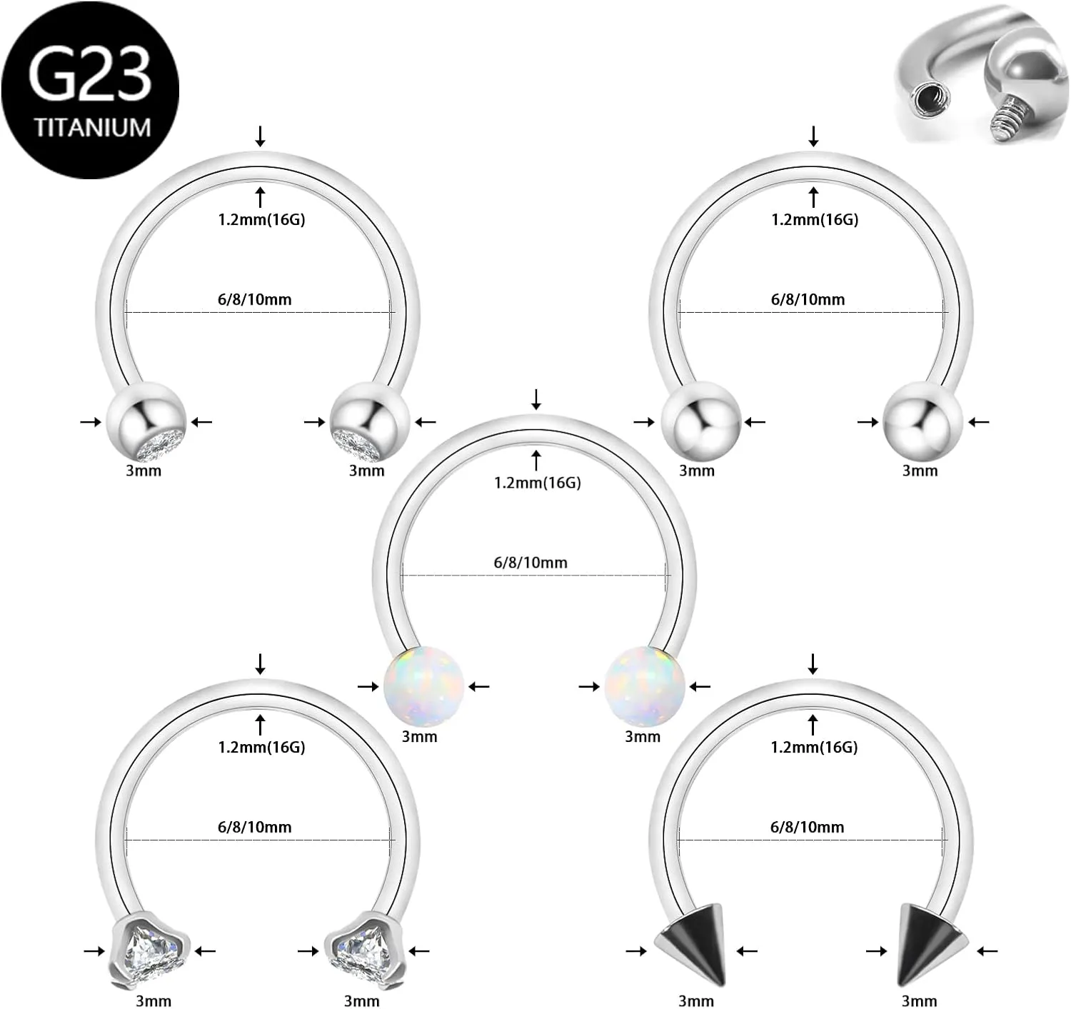 5pcs G23 Titanium Nose Horseshoe Septum Rings Curved Barbell Eyebrow Lip Labret Rings Tragus Helix Daith Earrings Monroe Piercing Jewelry