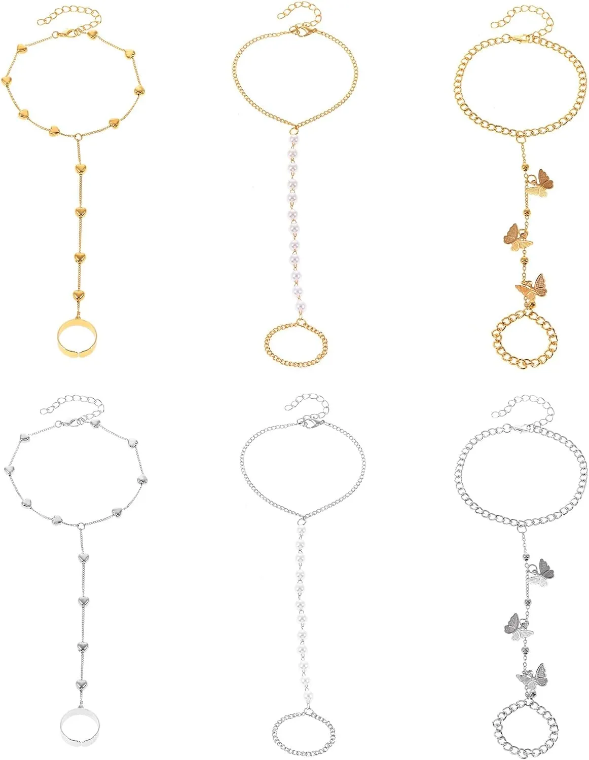 6 Finger ring bracelet Link Butterfly Heart imitation Pearl hand chain Slave bracelet Ring Everyday jewelry for women Gold/Silver