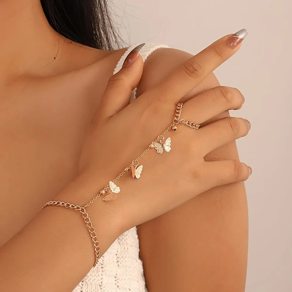 6 Finger ring bracelet Link Butterfly Heart imitation Pearl hand chain Slave bracelet Ring Everyday jewelry for women Gold/Silver
