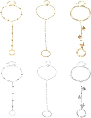 6 Finger ring bracelet Link Butterfly Heart imitation Pearl hand chain Slave bracelet Ring Everyday jewelry for women Gold/Silver