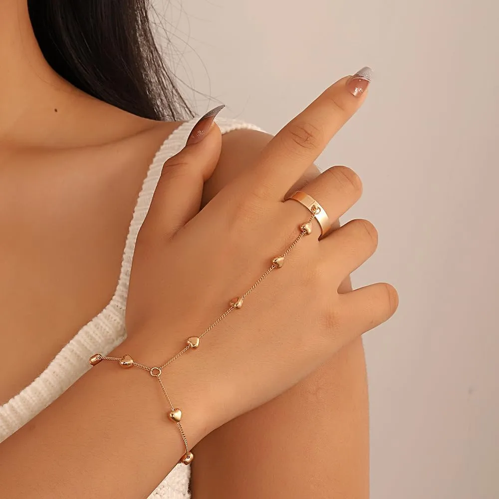 6 Finger ring bracelet Link Butterfly Heart imitation Pearl hand chain Slave bracelet Ring Everyday jewelry for women Gold/Silver