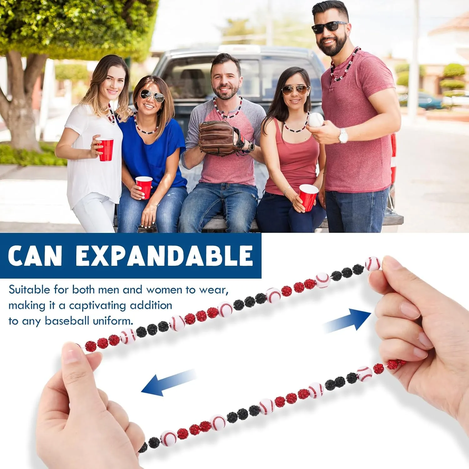 6 Pcs Baseball Beaded Necklace for Men Bling Rhinestone Clay Beaded Necklace Gifts for Baseball Players Lovers