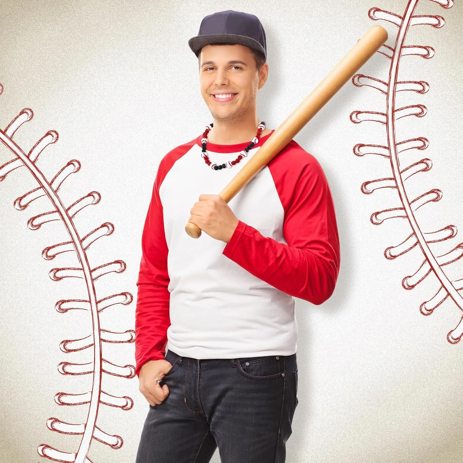 6 Pcs Baseball Beaded Necklace for Men Bling Rhinestone Clay Beaded Necklace Gifts for Baseball Players Lovers