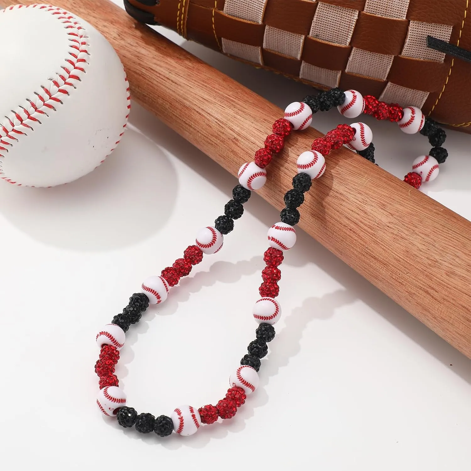 6 Pcs Baseball Beaded Necklace for Men Bling Rhinestone Clay Beaded Necklace Gifts for Baseball Players Lovers
