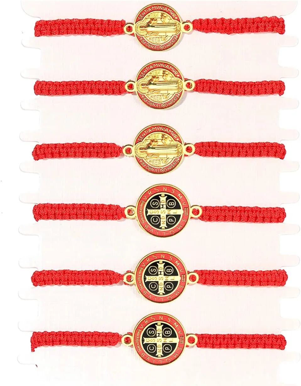 6 Pieces Religion Enamel Saint Benedict Bracelet Red Rope ST BENEDICT CROSS MEDAL Handmade Black Knot String Bracelets Luck bracelet Men Or Women As Gifts and Used in Prayer bracelet