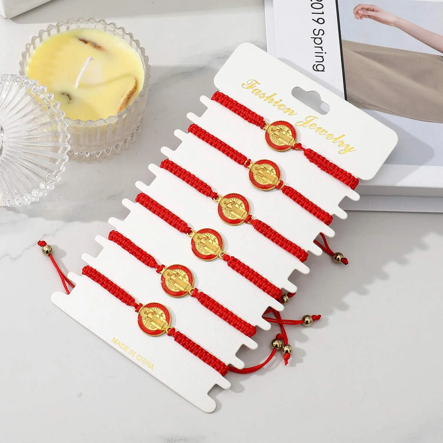 6 Pieces Religion Enamel Saint Benedict Bracelet Red Rope ST BENEDICT CROSS MEDAL Handmade Black Knot String Bracelets Luck bracelet Men Or Women As Gifts and Used in Prayer bracelet