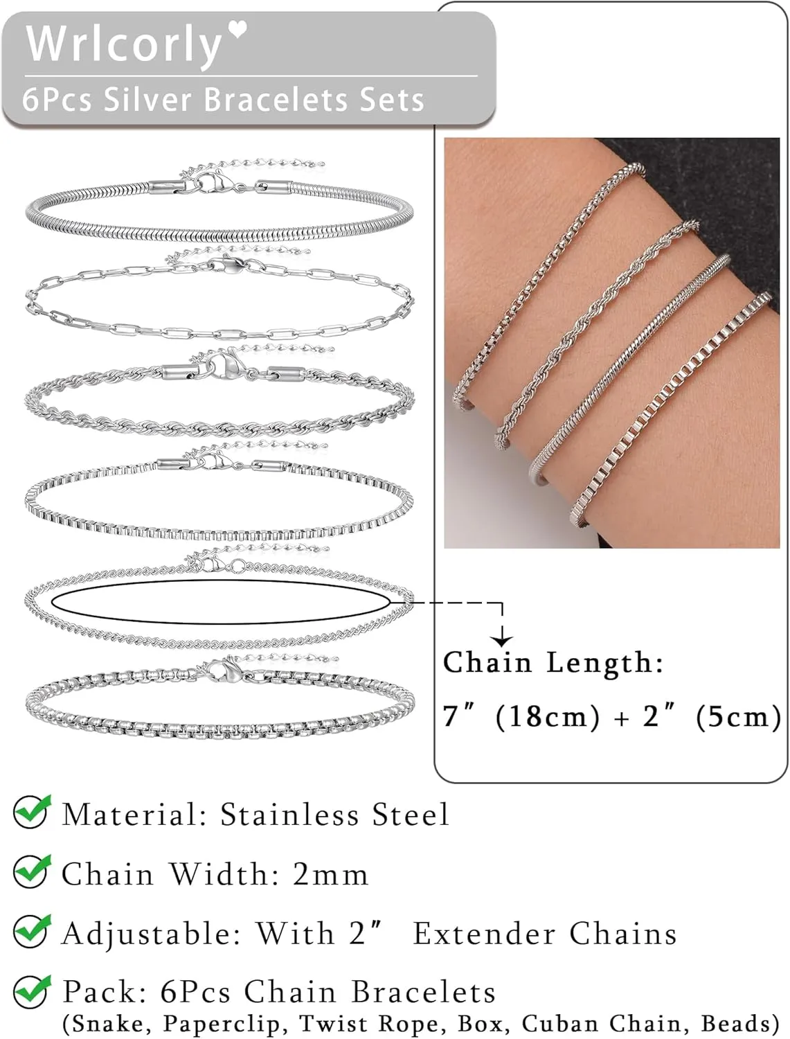 6Pcs Stainless Steel Chain Bracelets for Men Women 2mm Cuban Snake Twists Rope Box Beads Paperclip Link Chain Bracelet Sets Jewelry Gifts 7 Inches Length Adjustable