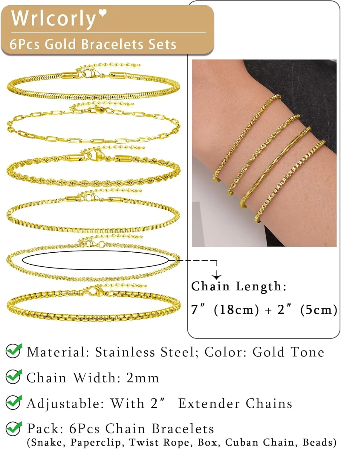 6Pcs Stainless Steel Chain Bracelets for Men Women 2mm Cuban Snake Twists Rope Box Beads Paperclip Link Chain Bracelet Sets Jewelry Gifts 7 Inches Length Adjustable