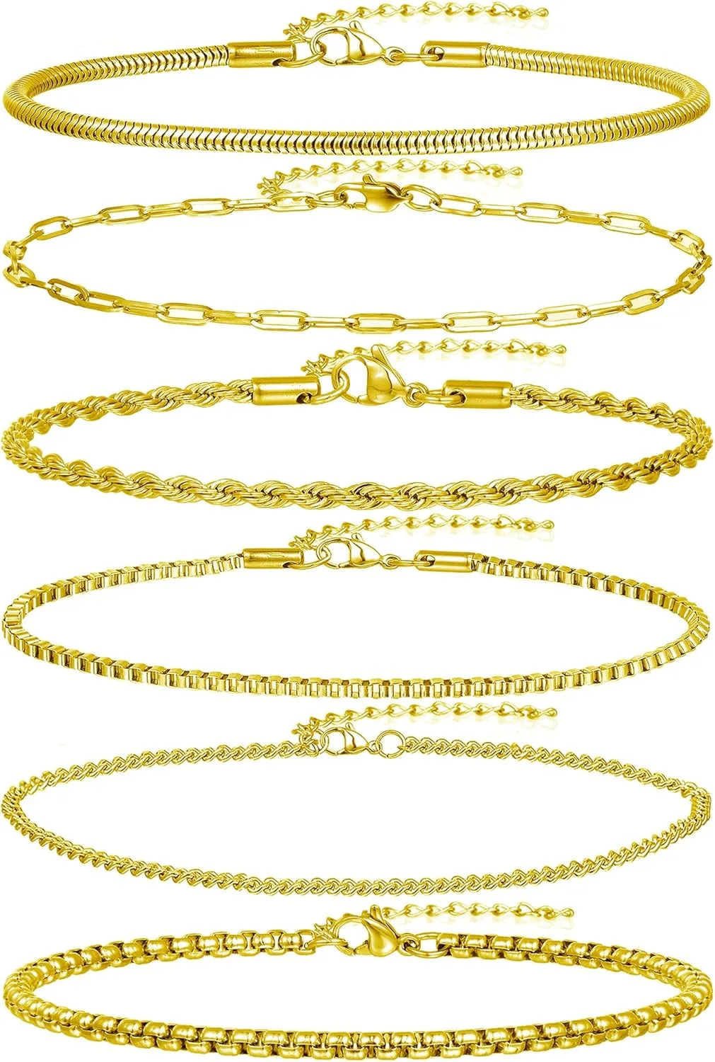 6Pcs Stainless Steel Chain Bracelets for Men Women 2mm Cuban Snake Twists Rope Box Beads Paperclip Link Chain Bracelet Sets Jewelry Gifts 7 Inches Length Adjustable