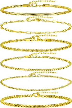 6Pcs Stainless Steel Chain Bracelets for Men Women 2mm Cuban Snake Twists Rope Box Beads Paperclip Link Chain Bracelet Sets Jewelry Gifts 7 Inches Length Adjustable