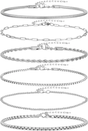 6Pcs Stainless Steel Chain Bracelets for Men Women 2mm Cuban Snake Twists Rope Box Beads Paperclip Link Chain Bracelet Sets Jewelry Gifts 7 Inches Length Adjustable