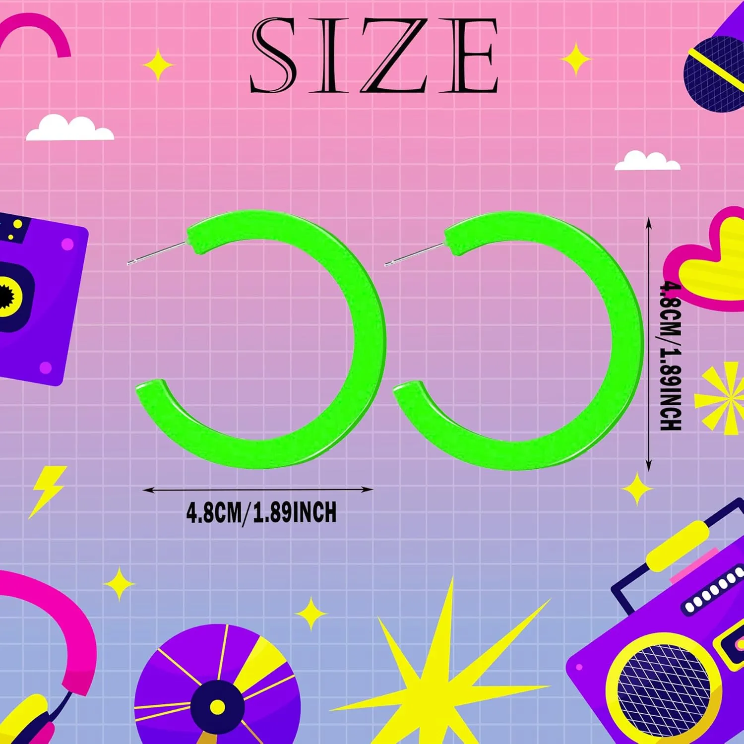 80s 90s Neon Earrings for Women Retro Cassette Tape Hoop Earring Candy Color Lightweight Acrylic Stud Dangle Earrings for 80S Costume Outfits Dancing Glow Party Accessories