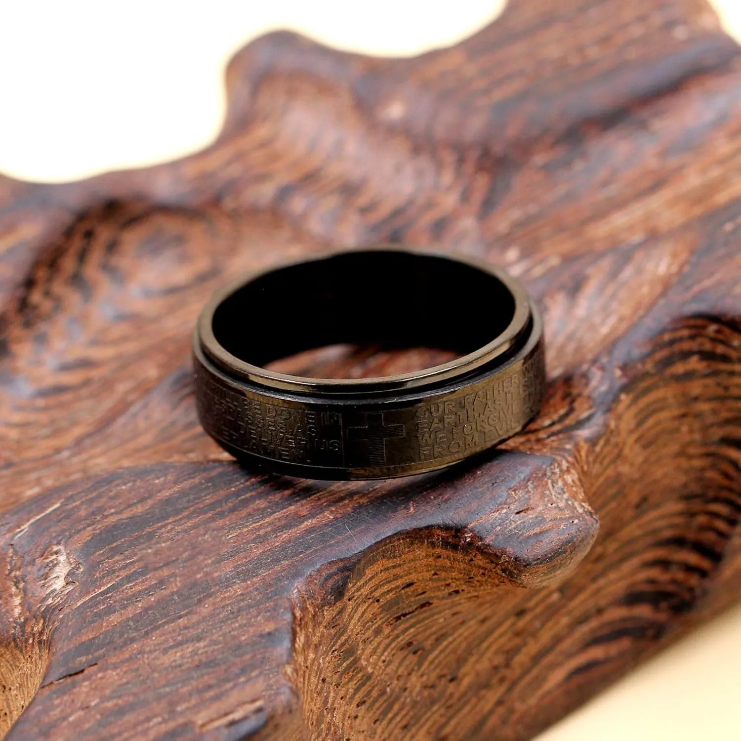 8mm Black Titanium Steel Spinner Relieve Anxiety Ring for Men - Fashion Christian Scripture Cross Band Rings Praying Jewelry YA4879
