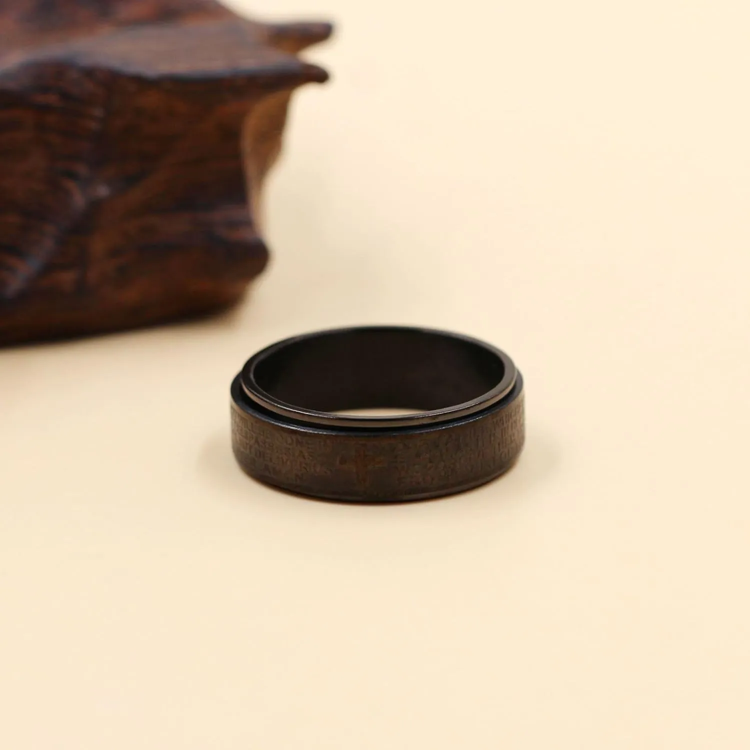 8mm Black Titanium Steel Spinner Relieve Anxiety Ring for Men - Fashion Christian Scripture Cross Band Rings Praying Jewelry YA4879