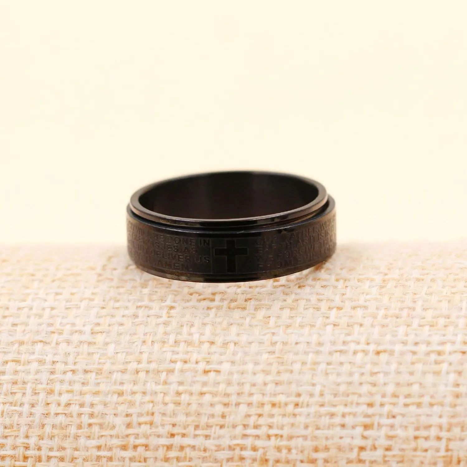 8mm Black Titanium Steel Spinner Relieve Anxiety Ring for Men - Fashion Christian Scripture Cross Band Rings Praying Jewelry YA4879