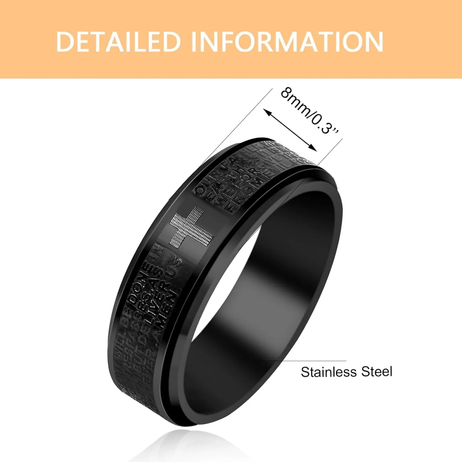 8mm Black Titanium Steel Spinner Relieve Anxiety Ring for Men - Fashion Christian Scripture Cross Band Rings Praying Jewelry YA4879