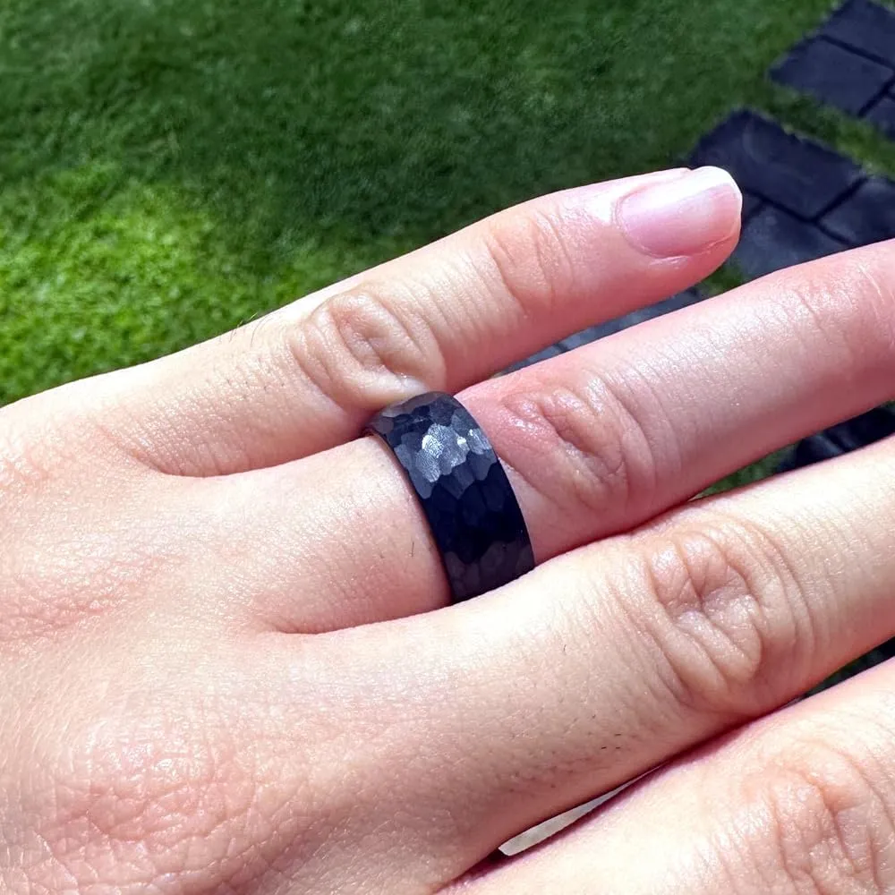 8mm Tungsten Carbide Genuine Natural Koa Wood Inner Inlay Ring Black/Gold/Silver/Rose Gold Wedding Band Hammered Textured Flat Style Comfort Fit Gift Box Included