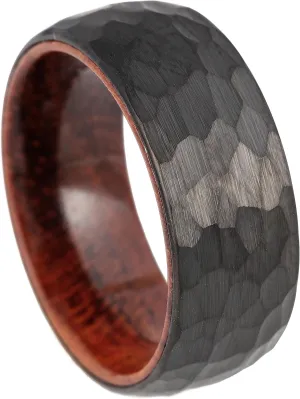 8mm Tungsten Carbide Genuine Natural Koa Wood Inner Inlay Ring Black/Gold/Silver/Rose Gold Wedding Band Hammered Textured Flat Style Comfort Fit Gift Box Included