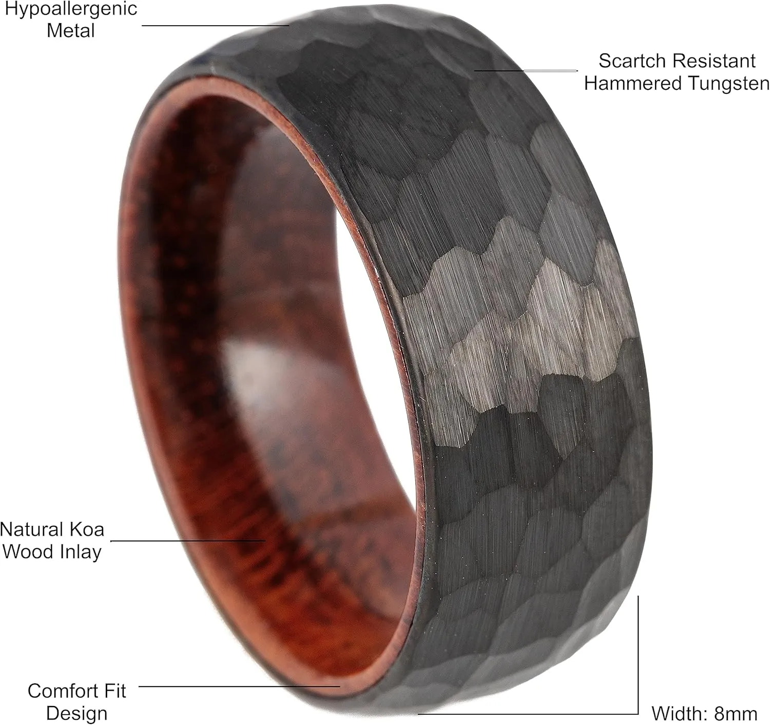 8mm Tungsten Carbide Genuine Natural Koa Wood Inner Inlay Ring Black/Gold/Silver/Rose Gold Wedding Band Hammered Textured Flat Style Comfort Fit Gift Box Included