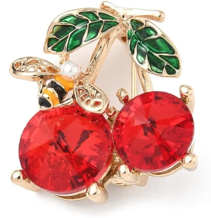 8Pcs Enamel Cherry with Bee Brooches Pins Rhinestone Fruit with Imitation Pearl Lapel Badge Pins for Jewelry Making Backpack Hat Scarf