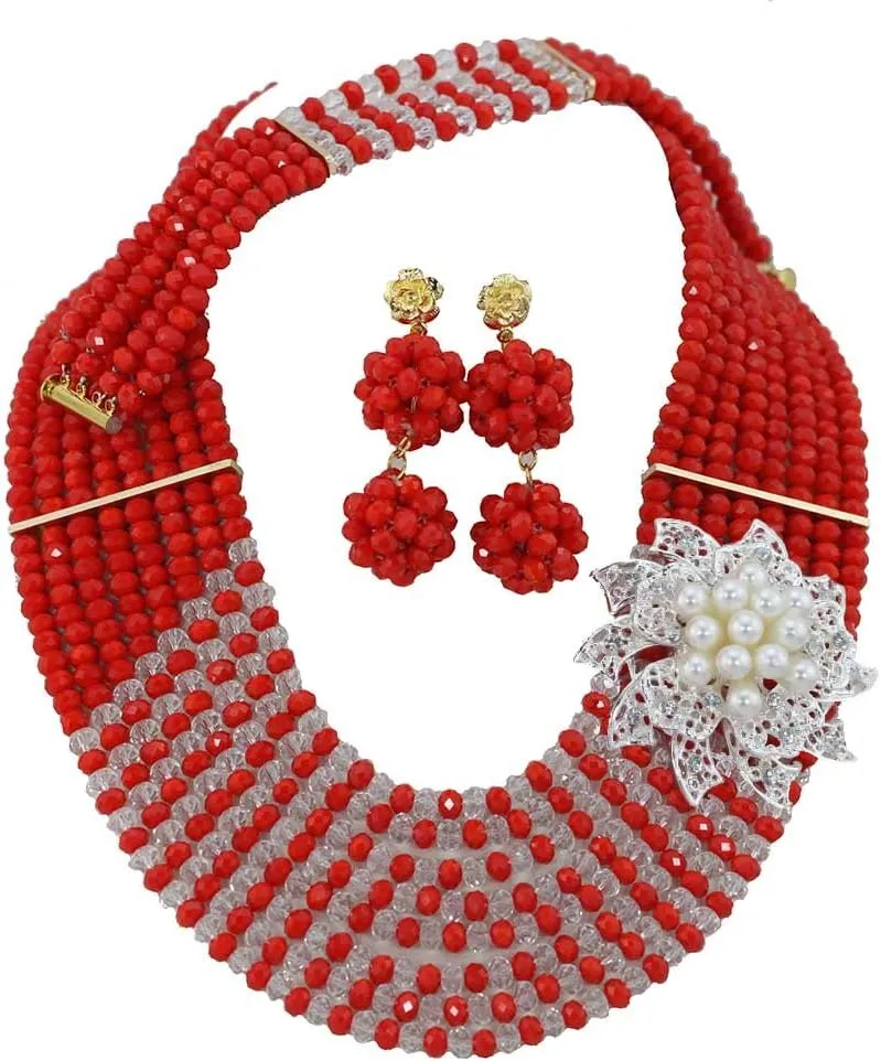 8Rows Red White Crystal Jewelry Set,Bride Jewelry Set,Wedding Beads Jewelry Set