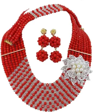 8Rows Red White Crystal Jewelry Set,Bride Jewelry Set,Wedding Beads Jewelry Set