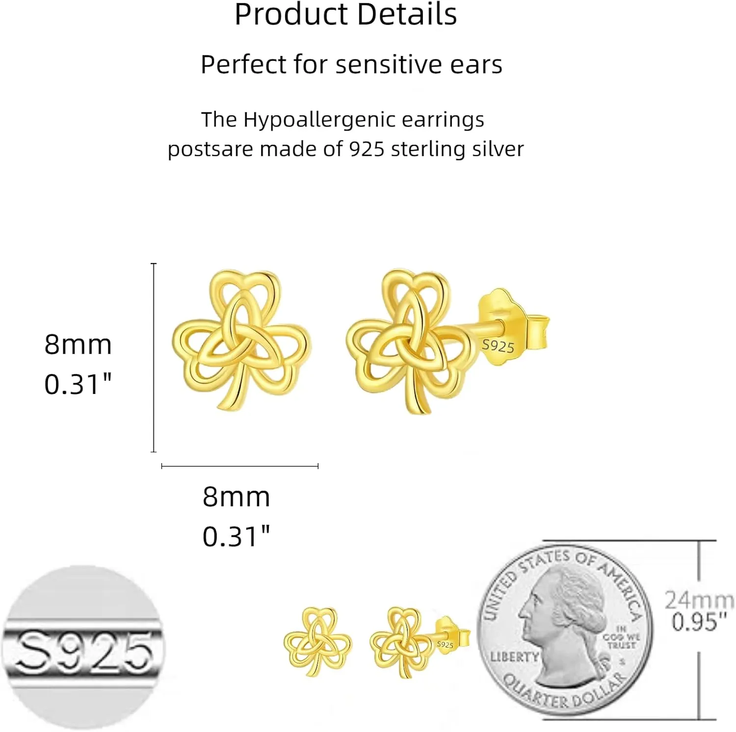 925 Sterling Silver Celtic Knot Stud Earrings for Women,lIrish Jewelry Hypoallergenic 925 Sterling Silver with Gold Plating, Gift for Special Occasions