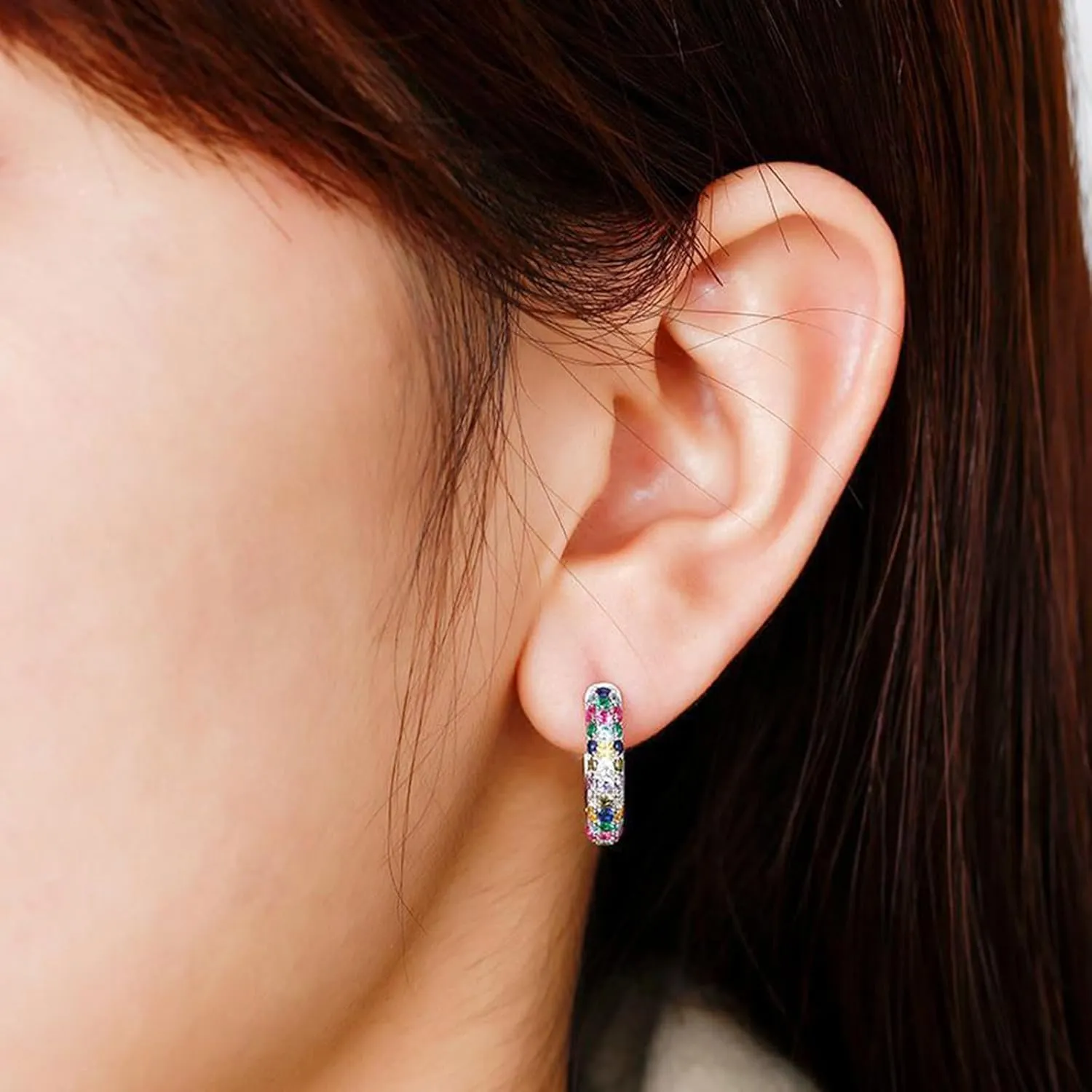 925 Sterling Silver Colorful Rhinestones Earrings for Women Lightweight Hypoallergenic Cartilage Huggie Hoop Earrings