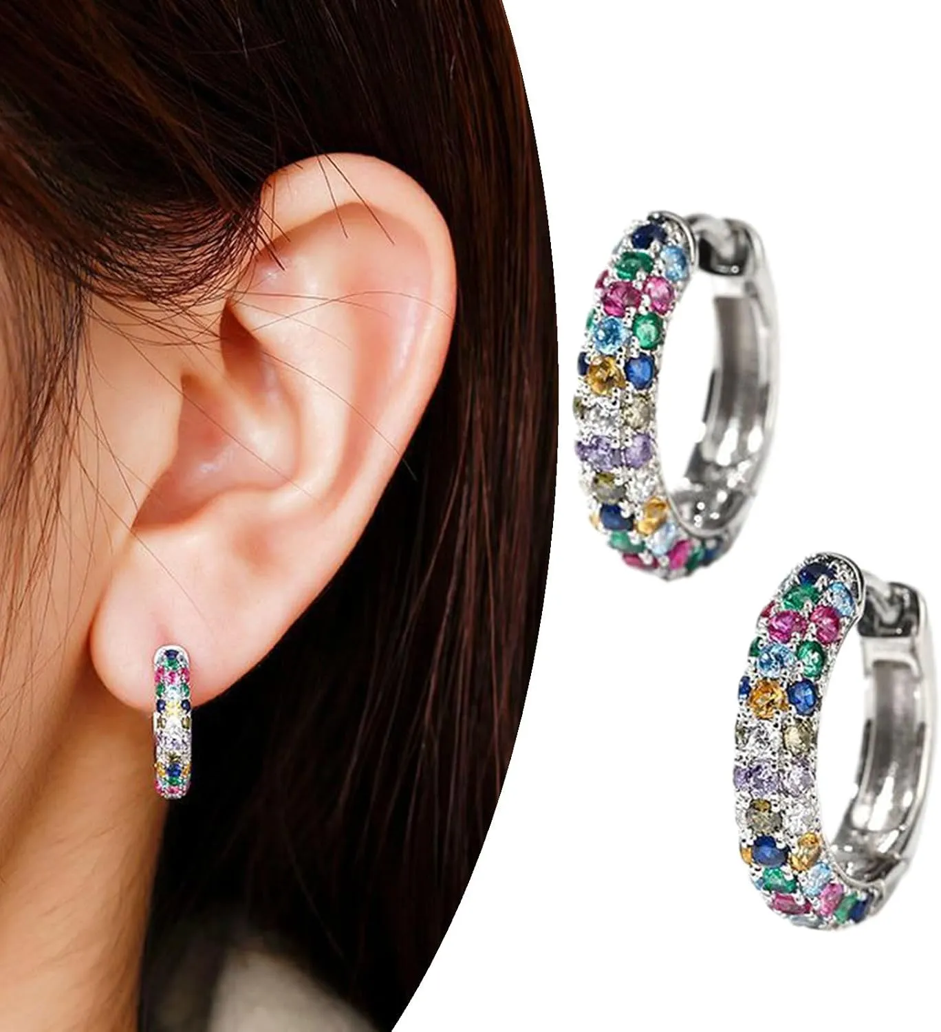 925 Sterling Silver Colorful Rhinestones Earrings for Women Lightweight Hypoallergenic Cartilage Huggie Hoop Earrings