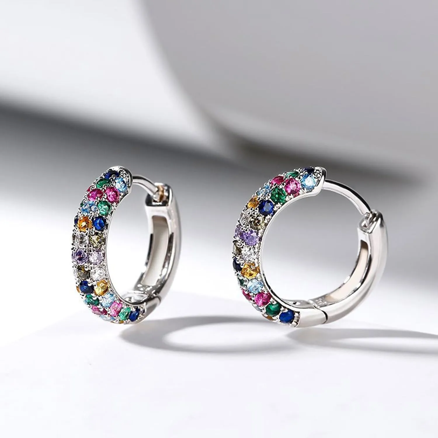 925 Sterling Silver Colorful Rhinestones Earrings for Women Lightweight Hypoallergenic Cartilage Huggie Hoop Earrings
