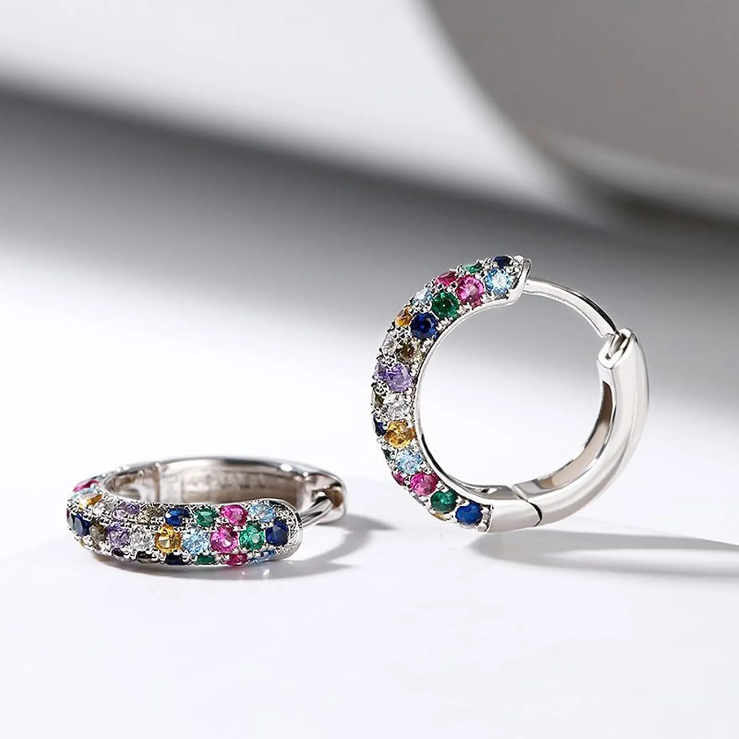 925 Sterling Silver Colorful Rhinestones Earrings for Women Lightweight Hypoallergenic Cartilage Huggie Hoop Earrings