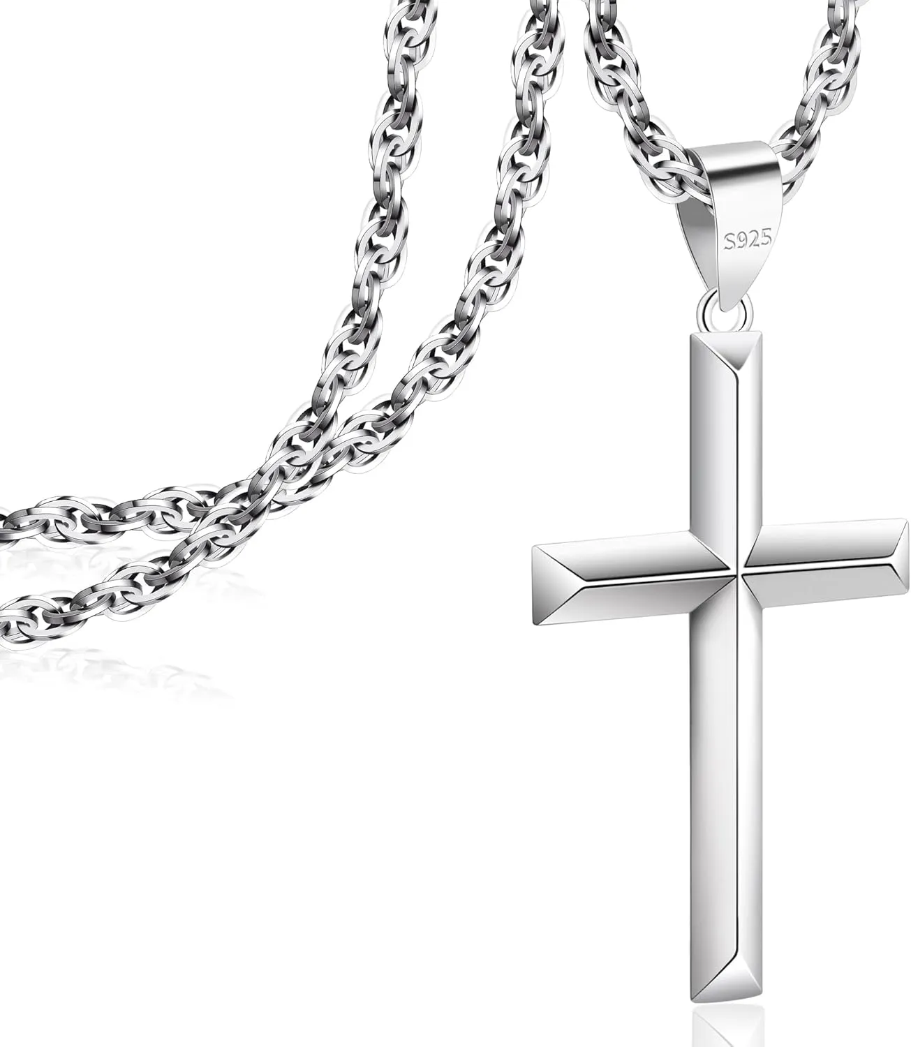 925 Sterling Silver Cross Necklace Beveled Edge for Men Women 3mm Stainless Steel Durable Wheat Chain Crucifix Pendant Necklace Jewelry 16-28 Inches