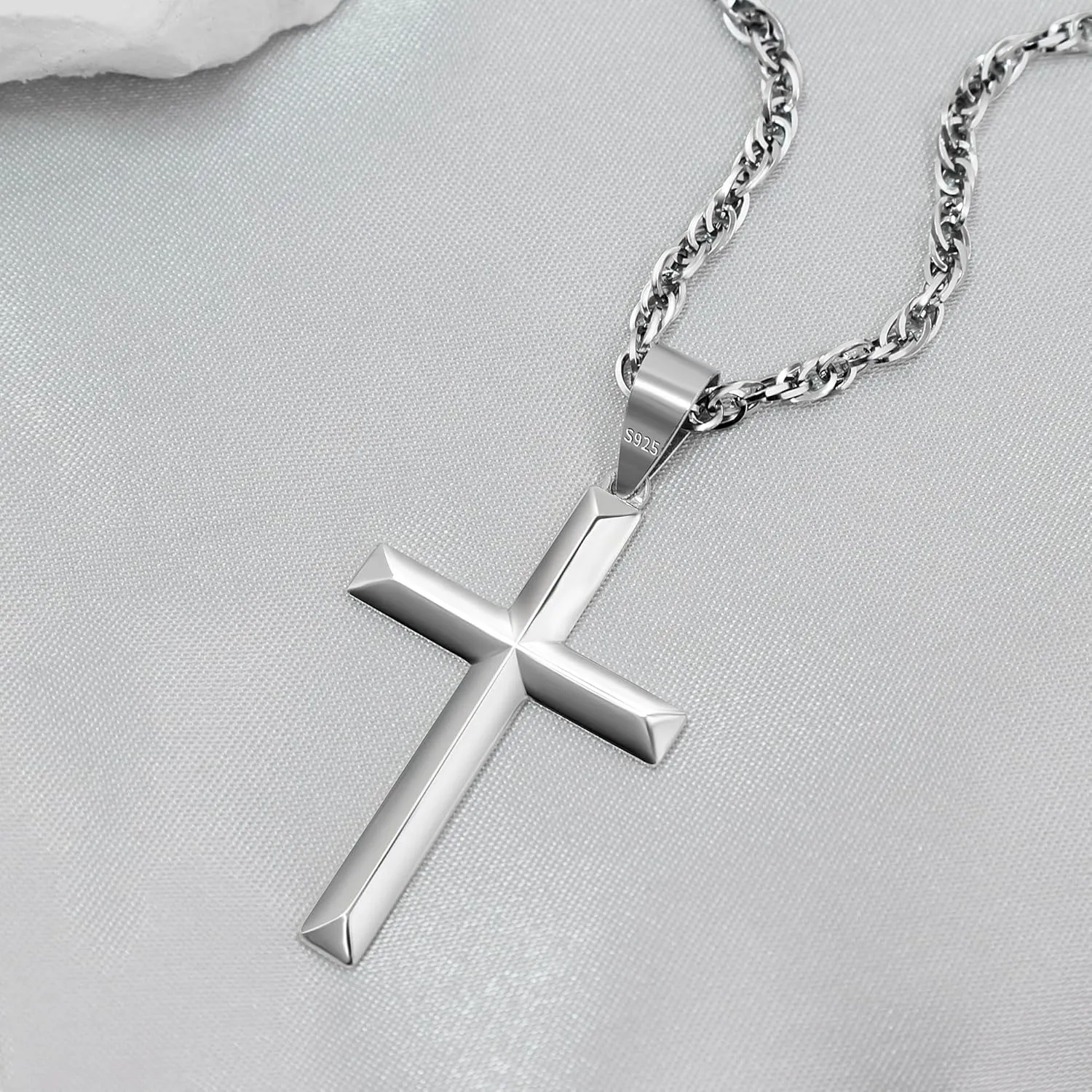925 Sterling Silver Cross Necklace Beveled Edge for Men Women 3mm Stainless Steel Durable Wheat Chain Crucifix Pendant Necklace Jewelry 16-28 Inches