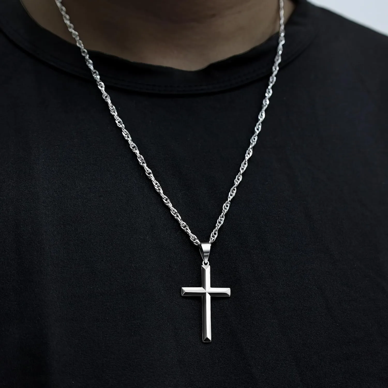 925 Sterling Silver Cross Necklace Beveled Edge for Men Women 3mm Stainless Steel Durable Wheat Chain Crucifix Pendant Necklace Jewelry 16-28 Inches