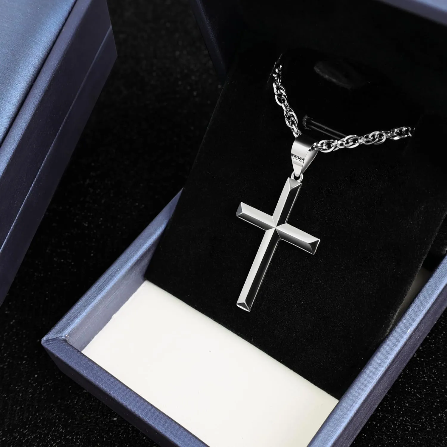 925 Sterling Silver Cross Necklace Beveled Edge for Men Women 3mm Stainless Steel Durable Wheat Chain Crucifix Pendant Necklace Jewelry 16-28 Inches