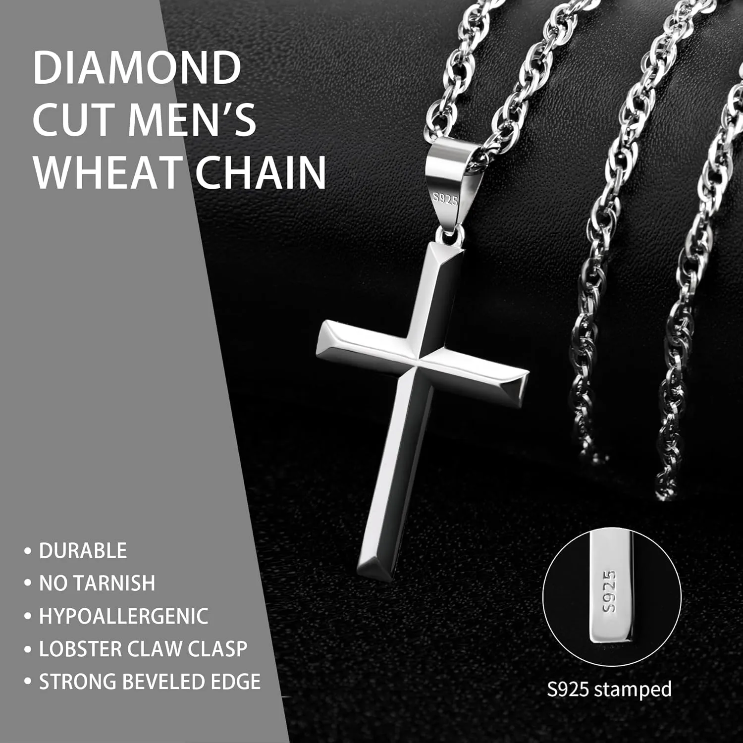 925 Sterling Silver Cross Necklace Beveled Edge for Men Women 3mm Stainless Steel Durable Wheat Chain Crucifix Pendant Necklace Jewelry 16-28 Inches